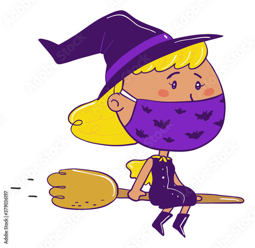 Happy witch flying on a broom, wearing a mask (ID: 379036197)