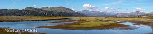 View of Snowdonia from Traeth Glaslyn Nature Reserve in Wales, UK