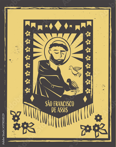 Sao Francisco de Assis ( Saint Francis of Assisi) vector. Brazilian woodcut style illustration. photo