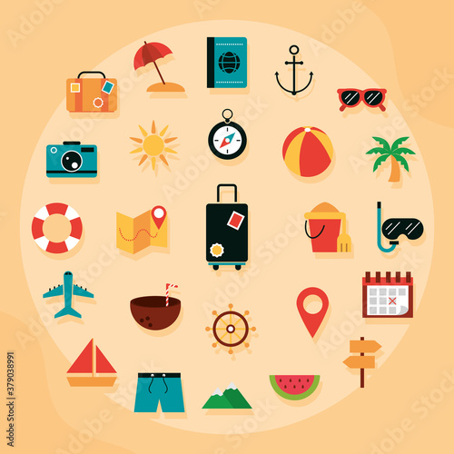 summer vacation travel tourism set flat icons style
