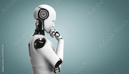 Thinking AI humanoid robot analyzing information data in concept of artificial intelligence by machine learning process for 4th fourth industrial revolution . 3D illustration. photo