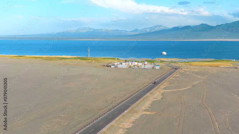 aerial view of road to the lake 