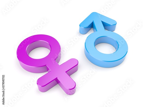 Gender symbols isolated on white background. Male female. Pink and blue. 3d illustration.