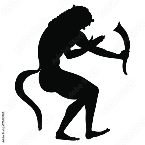 Silhouette of drunken ancient Greek satyr holding rhyton of wine.
