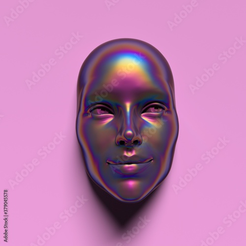 Fotografie Abstract 3D render illustration of holographic human face in the wall, robotic head made of glossy iridescent material