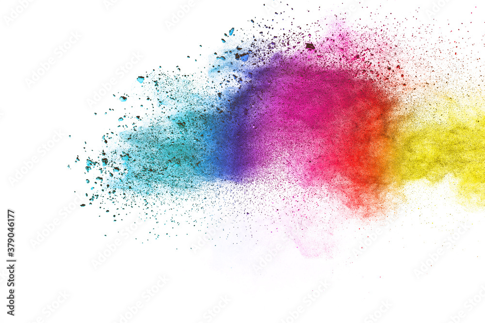 Colorful powder explosion on white background. Colored cloud.