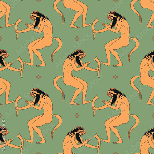 Seamless pattern with drunken satyrs. Ancient Greek mythology.