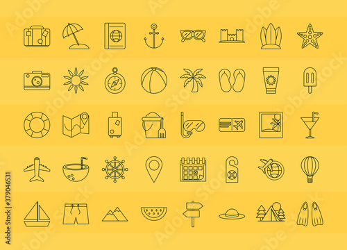 summer vacation travel, season tourism relaxing pack icons linear style
