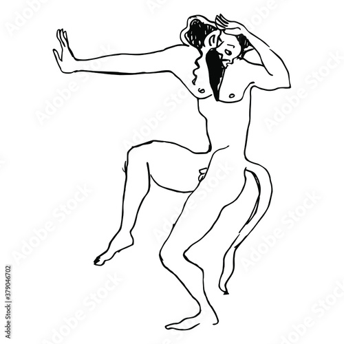 Dancing ancient Greek satyr. Black and white silhouette. Hand drawn linear sketch.