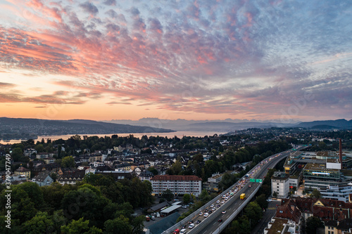 Aerial view of Zurich with beautiful sunrise