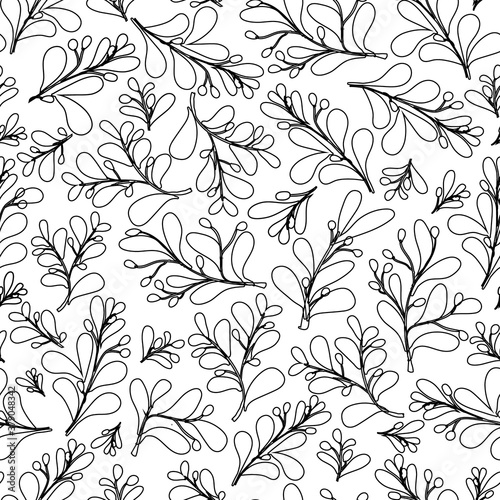 Wallpaper Mural Black and white, outline branches and leaves, foliage vector seamless pattern. Torontodigital.ca
