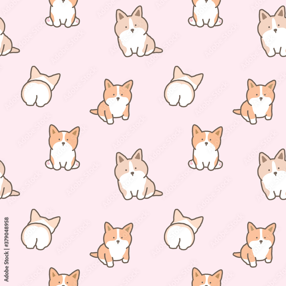 Seamless Pattern of Cute Cartoon Corgi Dog Design on Light Pink Background