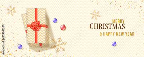 Christmas banner with stack of gift boxes. Xmas background and wrapping paper with zig-zag pattern. Vector 3d illustration. Flat lay view. Horizontal christmas greeting card, headers for website.