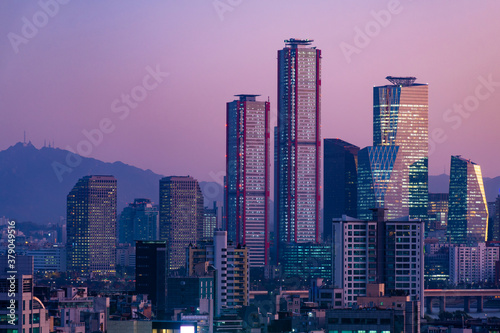 Seoul city skyline at dust at business residential area.