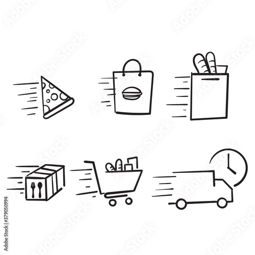 hand drawn Simple Set of Food Delivery Related Vector Line Icons. with doodle style isolated background