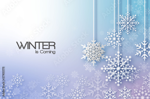 Holiday greeting with snowflake and snowfall background.