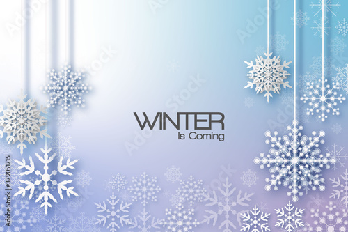 Holiday greeting with snowflake and snowfall background.