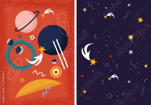Set of bright vector space posters with planet, stars, meteorites and geometric shapes. Space texture backgrounds. Starry sky and abstraction.Posters on the theme of cosmonautics or astronomy.