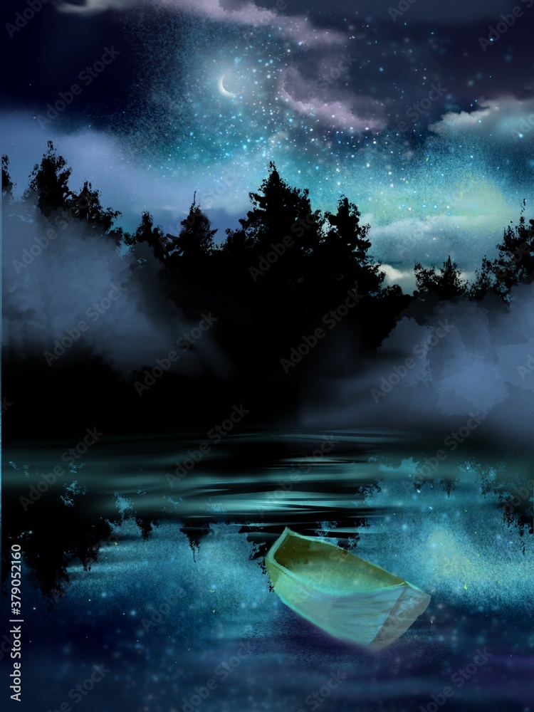 Plakat krajobraz północnego lasu i pływająca łódź na wodzie w przerażającą gwiaździstą noc
