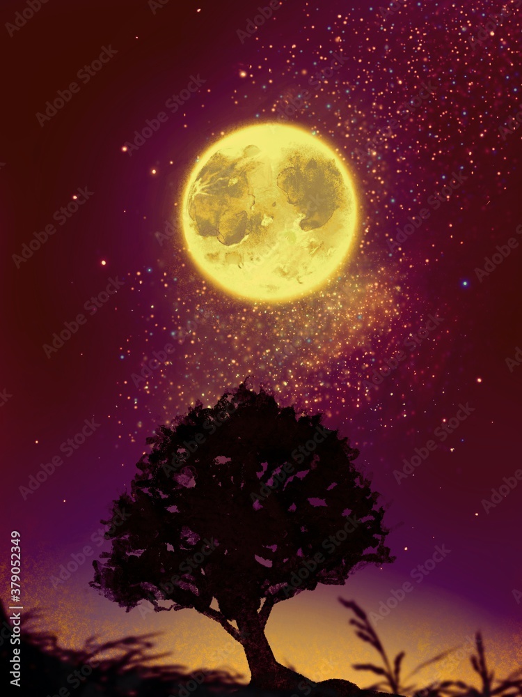 Landscape of yellow moon and stars over the silhouette of tree