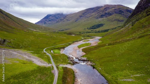 aerial view of glen etive and its waterfalls in the argyll region of the highlands of scotland near glen coe and rannoch moor in autumn