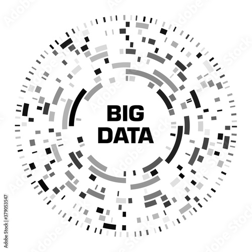 Big data visualization. Black futuristic circular diagram with copy space in the center. A radial cluster of segments. Design for business, science, technology. Vector