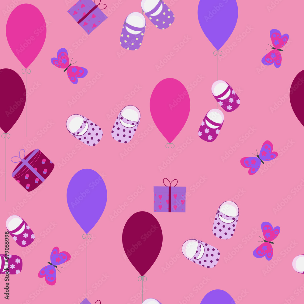Seamless bright children's pattern with balloons and gifts.
