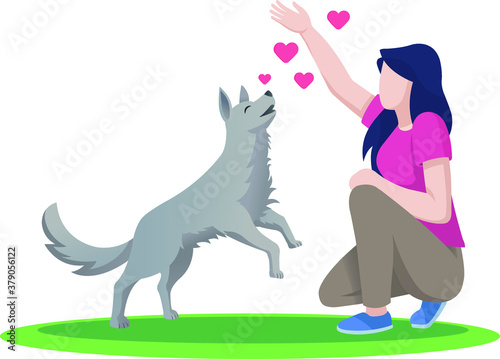Woman plays with her dog with love icons.