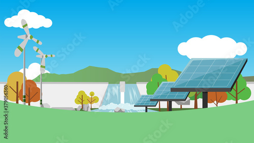 Concept of clean energy or renewable energy. Solar cell with energy from water and wind turbines. Empty space below.