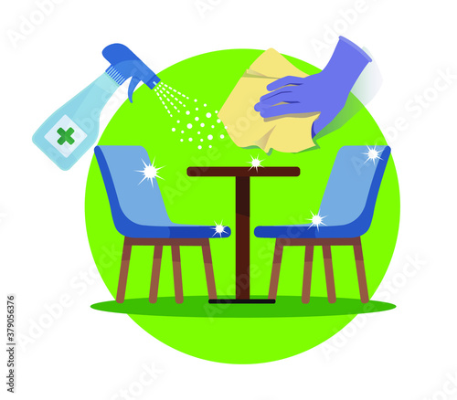 Clean and disinfect tables and counter vector illustrations.