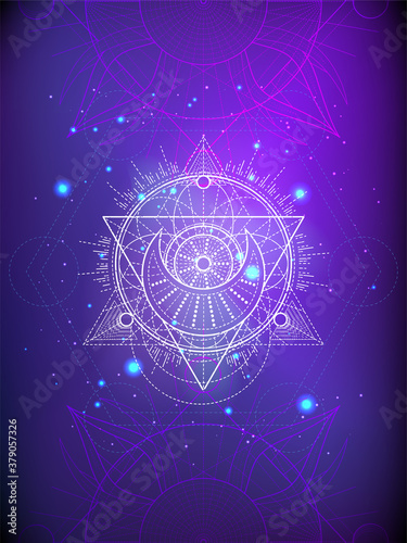 Vector illustration of Sacred geometry symbol on abstract background. Image in purple color. 