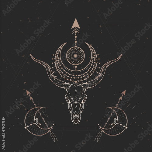 Vector illustration with hand drawn Antelope skull and Sacred geometric symbol on black vintage background. Abstract mystic sign.