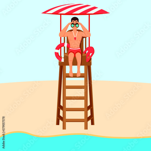 Lifeguard man sitting on an observation tower and looking at binoculars, professional lifeguard on the beach vector Illustration