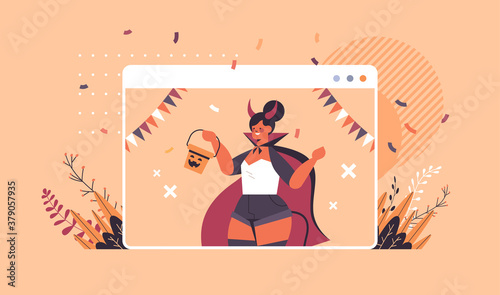 girl in devil costume celebrating happy halloween holiday self isolation online communication concept web browser window portrait horizontal vector illustration