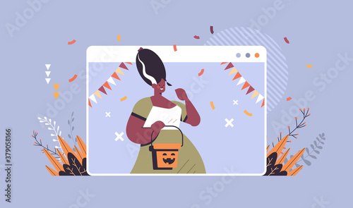 girl holding bucket with pumpkin happy halloween holiday celebration self isolation online communication concept web browser window portrait horizontal vector illustration