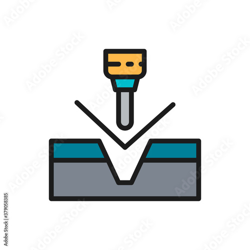 Metal bending, hydraulic CNC press machine flat color line icon.