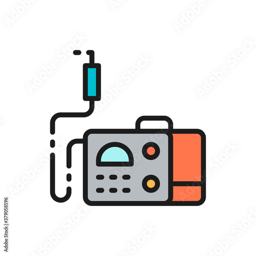Welding machine with spark torch, welder tool flat color line icon.