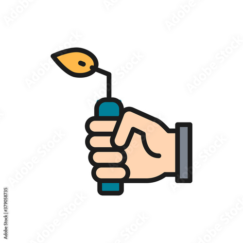 Hand with blow torch, device for gas welding works flat color line icon.