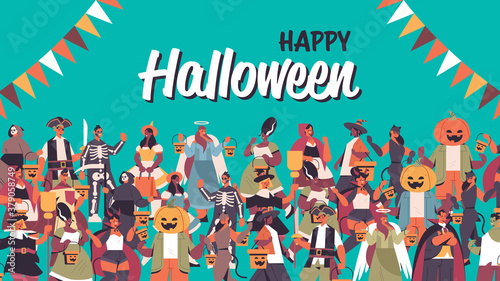 mix race people celebrating happy halloween party concept cute men women in different costumes standing together lettering greeting card portrait horizontal vector illustration