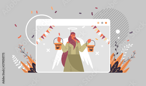 girl in angel costume celebrating happy halloween holiday self isolation online communication concept web browser window portrait horizontal vector illustration