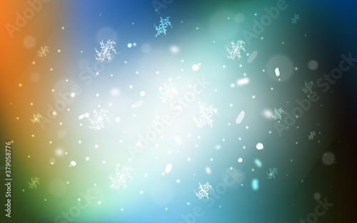 Light Blue, Green vector cover with beautiful snowflakes. Decorative shining illustration with snow on abstract template. New year design for your ad, poster, banner.
