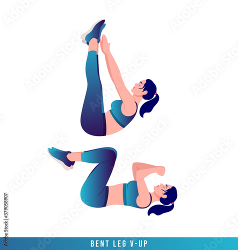 bent leg v-up exercise, Women workout fitness, aerobic and exercises. Vector Illustration.	