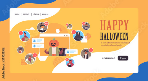 people in different costumes discussing during video call happy halloween party celebration self isolation online communication concept horizontal copy space vector illustration