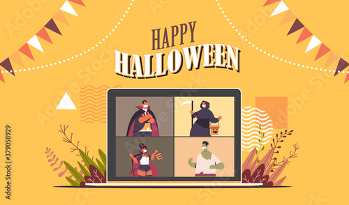 people in costumes on laptop screen discussing during video call happy halloween party online communication self isolation concept horizontal portrait vector illustration