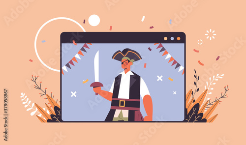 man in pirate costume happy halloween party celebration self isolation online communication concept web browser window portrait horizontal vector illustration