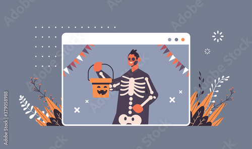 man wearing skeleton costume happy halloween party celebration self isolation online communication concept web browser window portrait horizontal vector illustration