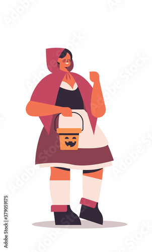 cute girl in costume holding buckets with pumpkins happy halloween party celebration concept flat full length isolated vector illustration