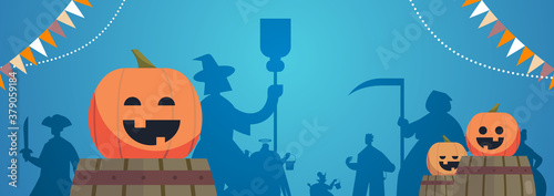 people silhouettes in different costumes celebrating happy halloween party concept greeting card horizontal vector illustration
