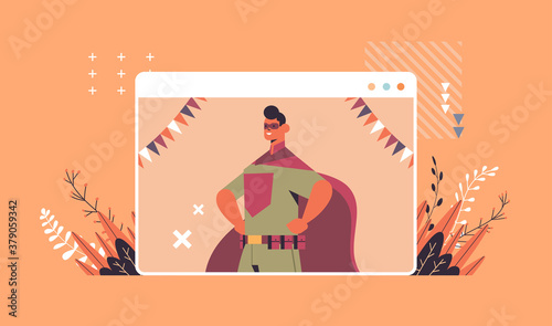 man in super hero costume happy halloween party celebration self isolation online communication concept web browser window portrait horizontal vector illustration