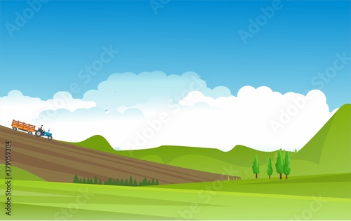 Countryside farmland landscape of Road trip, Adventure, tractor, outdoor recreation, adventures in nature, vacation. vector illustration